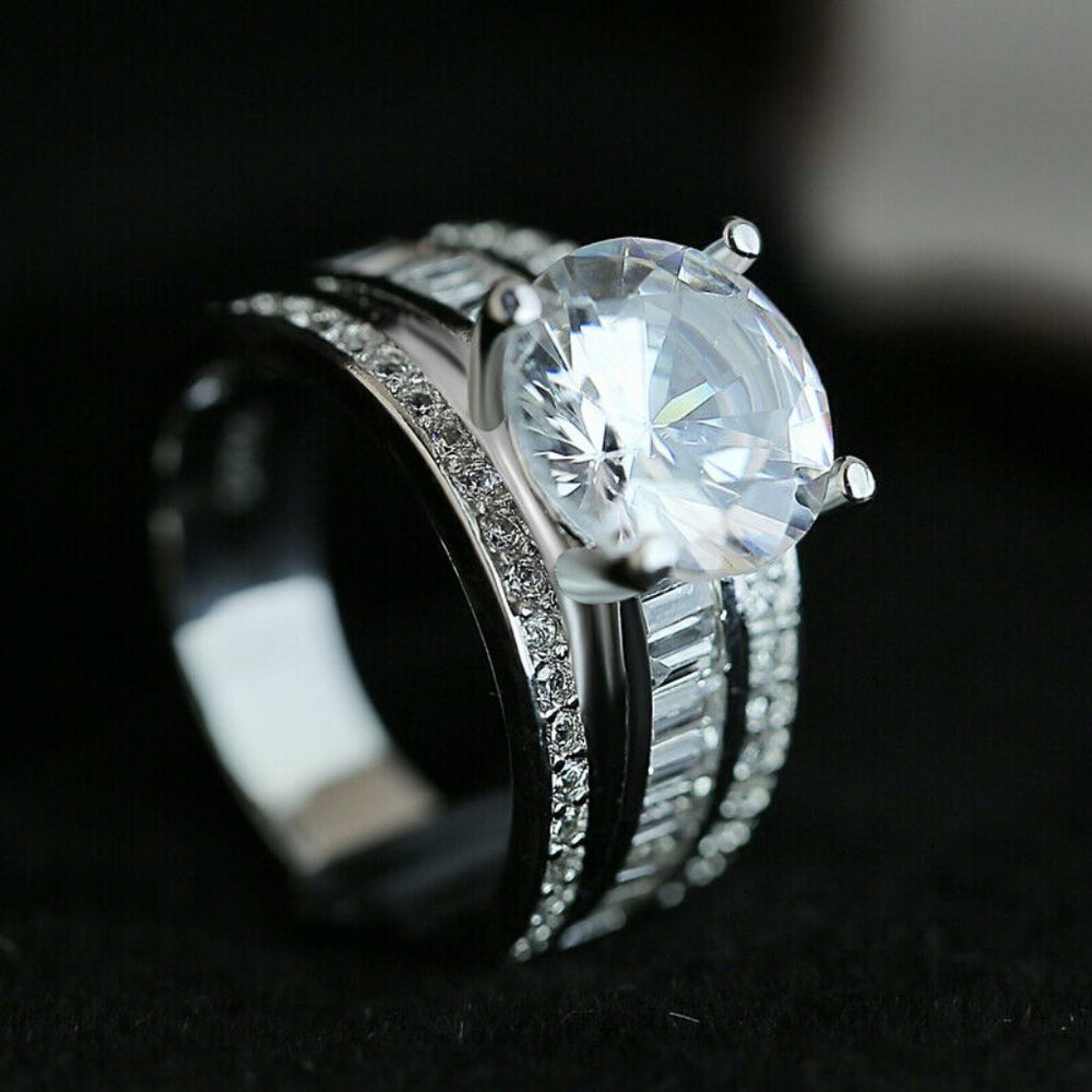 Luxury 925 Silver Wedding Engagement Sapphire Ring - Picture 2 of 6